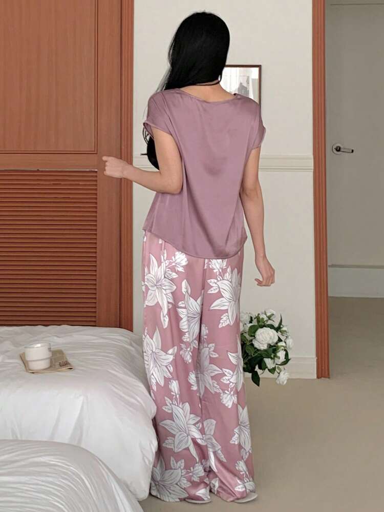 Satin Sleeveless Top & Floral Print Pajama Pants Set For Women, Summer