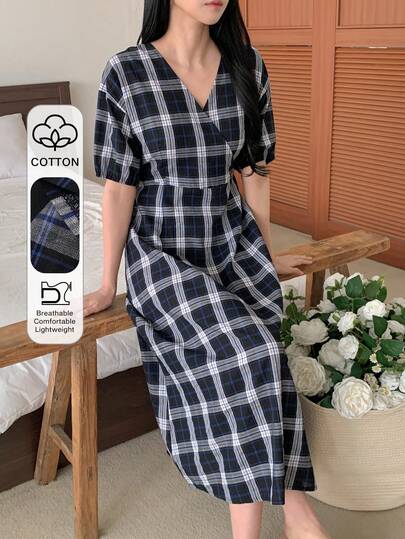 DAZY Vestido elegante de verano con cintura a cuadros, ropa de estar en casa estilo japonés