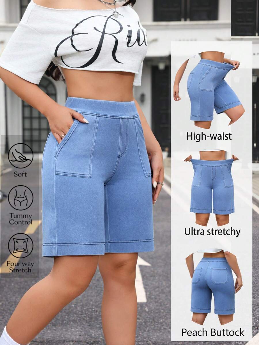 Flexra 女士弹性腰带口袋休闲百搭牛仔短裤 - 藍色 - 查看 1