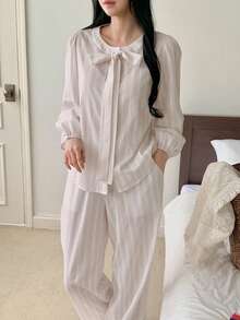 DAZY 2pcs Elegant Tie Bow Collar Striped Women Pajama Set, Autumn - Baby Pink - View 7