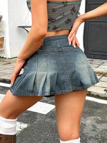 SHEIN Tall 女士休闲牛仔迷你裙，时尚适合夏季 - 中等水洗藍 - 查看 2