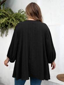 SHEIN CURVE+ Curve 尺码 US22 音乐节、海滨度假、波西米亚风女士纯色系带褶皱休闲百搭通勤灯笼袖衬衫 - 黑色 - 查看 2