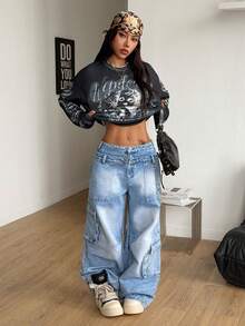 Coolane 夏季女装街头休闲节日街头风复古嘻哈印花黑色宽松长袖T恤，Y2K长袖上衣，Y2K印花T恤，Y2K上衣，Y2K女装，长袖露脐上衣，女装时尚服饰 - 黑色 - 查看 6