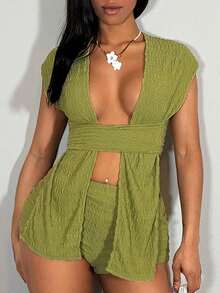 Slaydiva 早春新款，春夏音乐节，情人节，复活节休闲风，简约基础款，Y2K街头甜美风，畅销款，日常约会，辣妹风，性感，运动时尚风，缎带装饰，腰带设计，露脐上衣+超短裤，热裤，紧身短裤，浅绿色套装，纹理面料，女士两件套 -A - 橄欖綠 - 查看 8