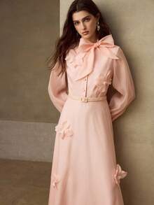 MOTF PREMIUM WOMEN'S ROMANTIC ELEGANT BOW TIE 3D FLORAL DRESS - Coral Pink - View 7