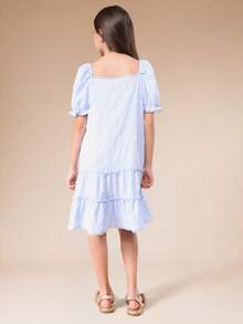 SUMWON Tween Girls Light Blue Smocked Square Neck Puff Sleeve Tiered Midi Dress With Ruffle Details And White Trim - Baby Blue - View 2