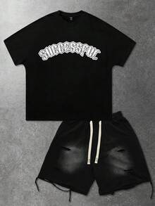 ROMWE MEN Men's Batwing Sleeve Print Suit - Black - View 2