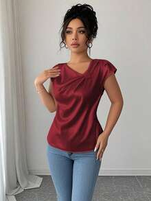 Franclia 女式法式蝴蝶结元素衬衫，女式杏色不对称领衬衫 - 酒紅色 - 查看 5