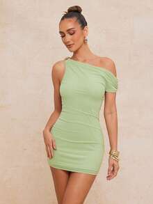 Lumalex 女士纯色不对称荷叶边修身连衣裙 - 淡綠 - 查看 5