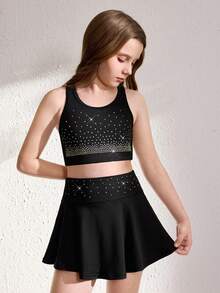 少女黑色背心裙套装 - 两件套高弹力运动服，饰有闪亮水晶，无袖运动服，适合舞蹈和体操训练、体操、啦啦队服，闪亮水晶装饰，内置安全短裤 - 黑色 - 查看 4