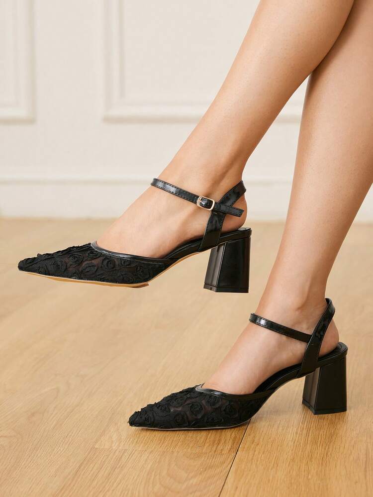 CUCCOO HITCHD Women Shoes Summer. New Pointed Thick Heel High Heel Romantic Elegant Black Mesh Flower Women's High Heel Shoes Dress Shoes Bridal Shoes Wine Ceremony Season Collection For Valentine's Day Elegant Versatile Wedding Shoes Summer Shoes Bride Shoes