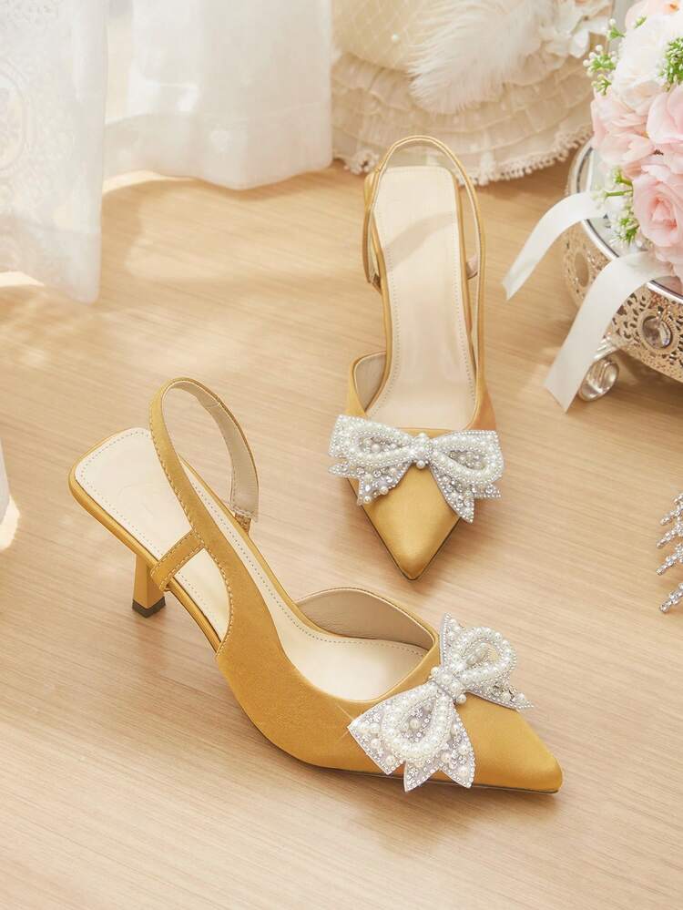 CUCCOO HITCHD Women Shoes Spring Summer New Three-Dimensional Cute Big Bow Design Pointed Toe Wine Glass Heel Middle Heel Romantic Elegance Elegant Simple Black Satin High Heel Single Slingback Dating Afternoon Tea Party Valentine's Day Elegant Wear Banquet Dating Evening Dress Sweet And Sexy Slingback Wedding Shoes Half Slippers Macaron White Beige Blue Royal Blue Pink Brown Green Burgundy Gray Rose Red Purple Yellow Orange Apricot Gold Silvery Rhinestones Big Size Rhinestone Flower Lace Wedding Shoes Spring Shoes Bride Shoes