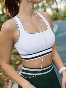In My Nature Women's Green And White Seamless Striped Sports Bra With Contrast Binding,Removable Cups Yoga Cropped Top For Summer,Athleisure,Gym Outdoor Fitness - Apricot - View 7