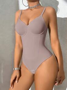 SHEIN 1件装女士无缝塑身衣，束腰带，双层强力收腹，舒适日常穿着，带按扣 - 摩卡棕 - 查看 6