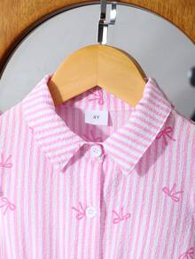 1pc Girls Sweet School Style Pink & White Striped Textured Collar Flare Sleeve Bow Print Mesh Dress, Cute Princess Style For Daily Wear, Birthday Party, Spring/Summer - Pink - View 6