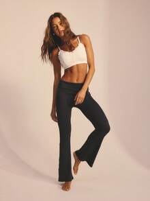 Aralina 休闲喇叭裤型翻边腰带运动春夏度假沙滩裤打底裤炭灰色 - 藍色 - 查看 2