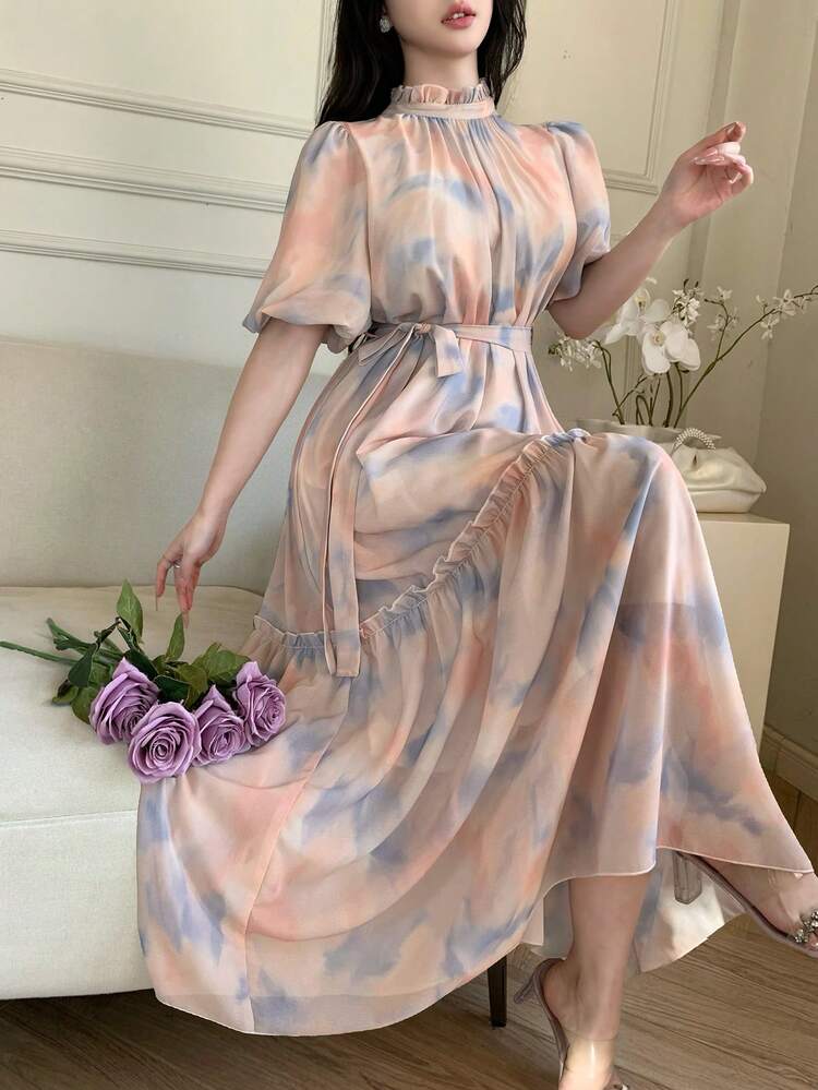 French Oil Painting Print Loose Relaxed Beach Vacation Dress For Women Sundress