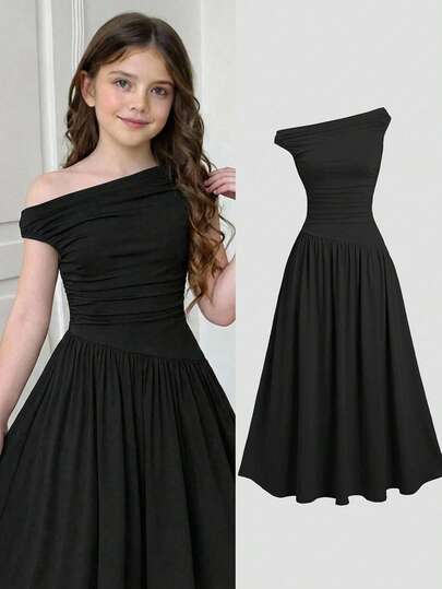 Girlism Tween Girls' Black Knit Ruched Waist A-Line Dress, Elegant Versatile Simple Black Dress