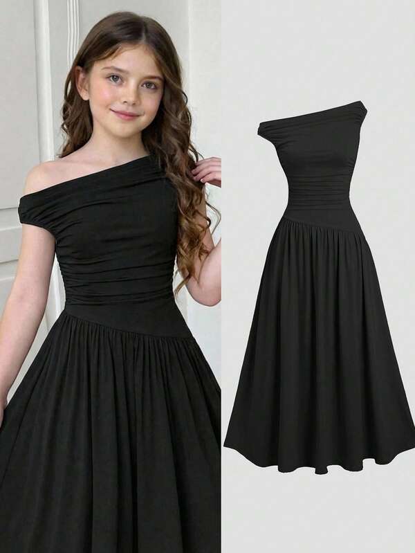 Girlism Tween Girls' Black Knit Ruched Waist A-Line Dress, Elegant Versatile Simple Black Dress