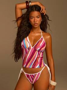 Athîral Women's Patchwork Halter Tie Tankini Top And Triangle Bottoms Swimwear Set - Multicolor - View 2