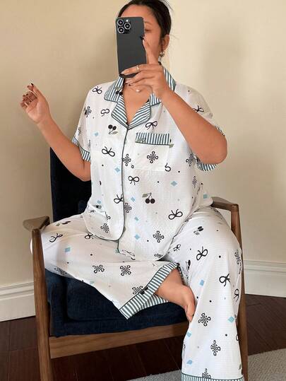 Napfluff CURVE 大码女式樱桃蝴蝶结印花短袖睡衣套装，条纹樱桃印花撞色设计，可爱韩版风格，适合居家穿着，春夏皆宜