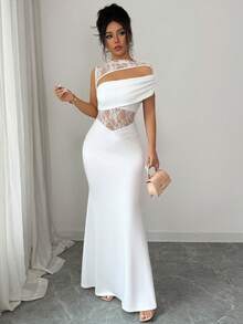 Rafferiza Blanco,Verano,Elegante,Vestido de Invitada de Boda con Encaje,Hombros Descubiertos,Fruncido,Sin Mangas,Cola de Sirena,Ropa Formal de Lujo para Mujeres - Blanco - Ver 7
