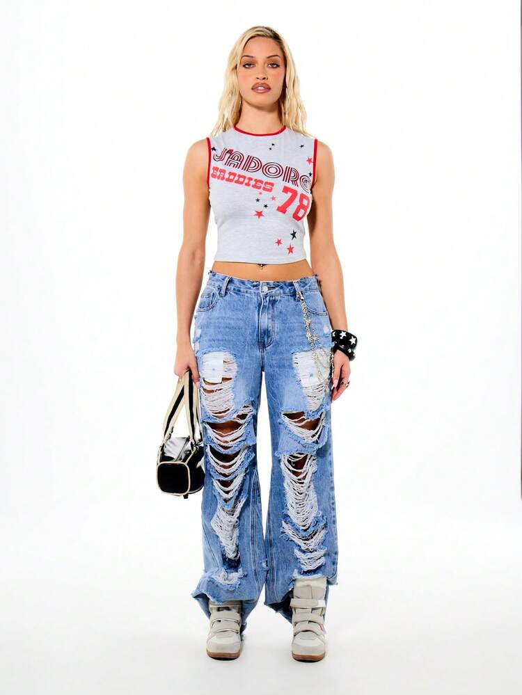 SUMWON Top corto senza maniche con stampa grafica e dettagli a stella per la moda casual estiva