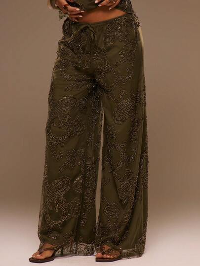 MUSERA Pantalones anchos con cintura elástica y cordón, bordados con cuentas, fluidos, lindos para ocasiones de verano y primavera