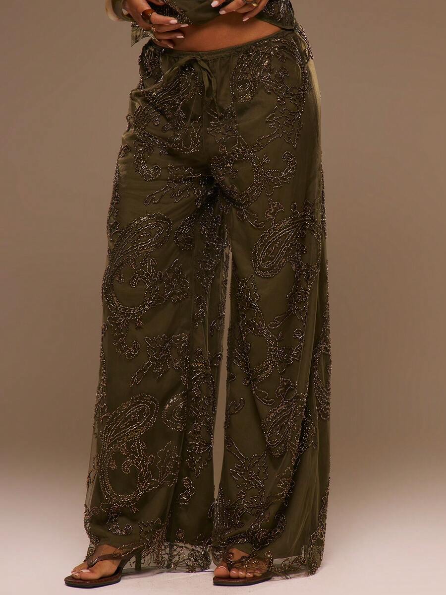 MUSERA Elasticated Tie Waist Beaded Embroidered Wide Leg Flowy Trousers Cute Summer Spring Going Out Occasion Embellished - White - View 1