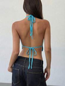 Aloruh 女士纯蓝色手工钩编高开衩深V领上衣，夏季波西米亚风格上衣，适合夏季热带度假胜地、锐舞音乐节、乡村音乐会、伊比沙岛西部波西米亚街头派对。 - 藍色 - 查看 3