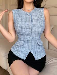 DAZY Women's Elegant Sleeveless Fitted Jacket For Commuting, Summer - Blue - View 4