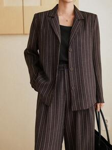 Dazy-Less Women's Striped Print Belted Long Sleeve Blazer And Pants Suit Set Business Casual Woman - Brown - View 6