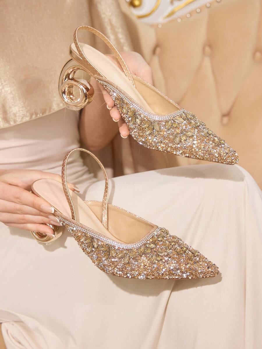 CUCCOO TILAWA Giày cao gót mũi nhọn thanh lịch màu nâu sâm panh đính đá Citrine chuyển màu dần, đính kim cương toàn bộ, thích hợp cho nữ dự tiệc, cưới hoặc dự tiệc. - Rượu sâm banh - Xem 1