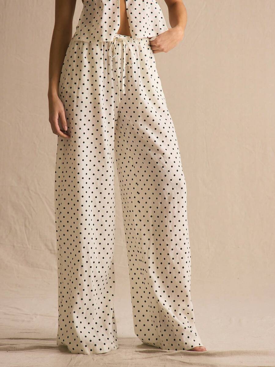 MUSERA 波点阔腿裤套装，仅下装，春夏舒适可爱日常少女度假春季穿搭休闲复活节 Casa De Muse - 白色 - 查看 1