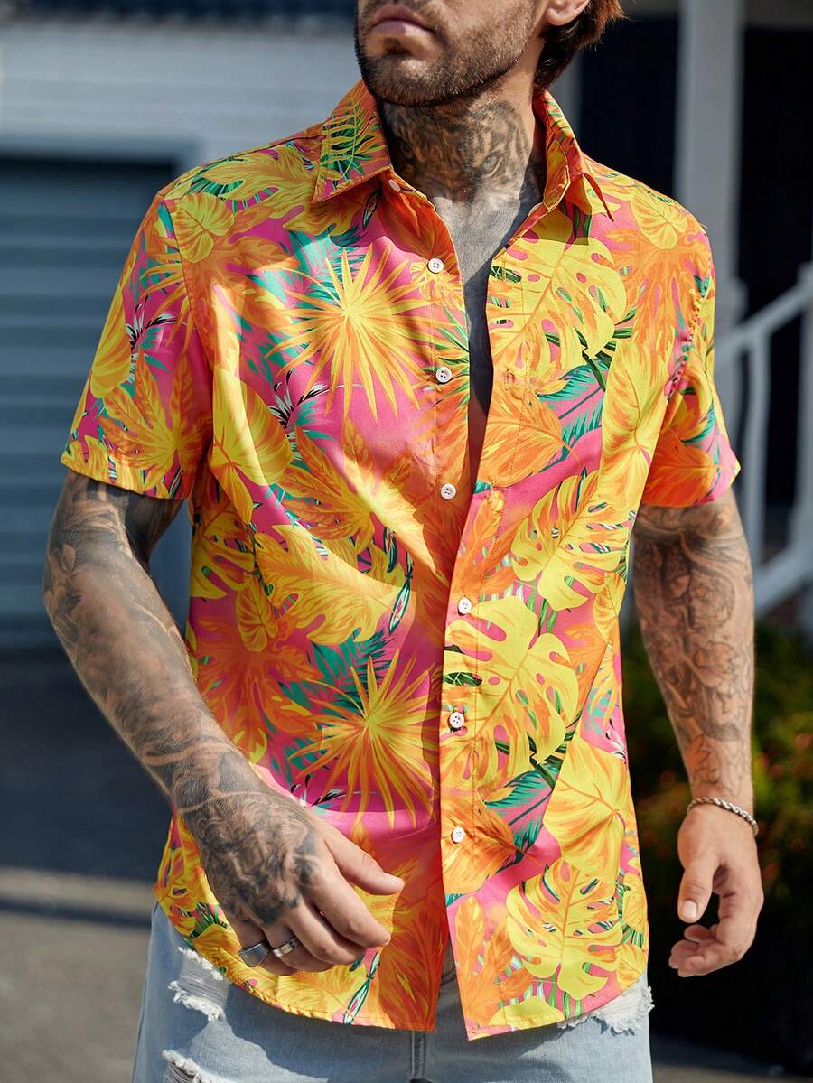 EASEVO Plus Size Men's Tropical Plant Print Short Sleeve Single-Breasted Casual Shirt - Multicolor - View 1
