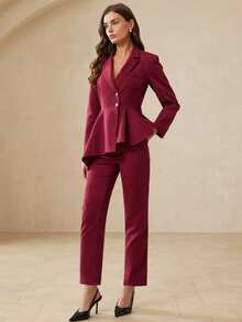 Revavyn Bộ vest nữ thanh lịch, sang trọng, cao cấp, màu trơn, ve áo, eo lệch vạt, khóa kim loại, kết hợp với quần tây ống lửng cạp cao ôm sát, bộ vest nữ. - Màu Hoa hồng đỏ - Xem 6