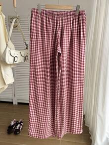 Comfortcana 夏季纯色褶皱纹理面料宽松抽绳腰带休闲度假阔腿裤，大码 - 紅色 - 查看 2