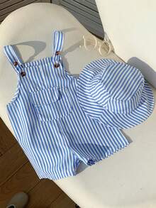 Bubblio 2件套婴儿男女童休闲可爱条纹背带连体衣和渔夫帽套装，用途广泛，适合休闲、居家、外出、海滩等场合，春夏皆宜。 - 藍色 - 查看 8