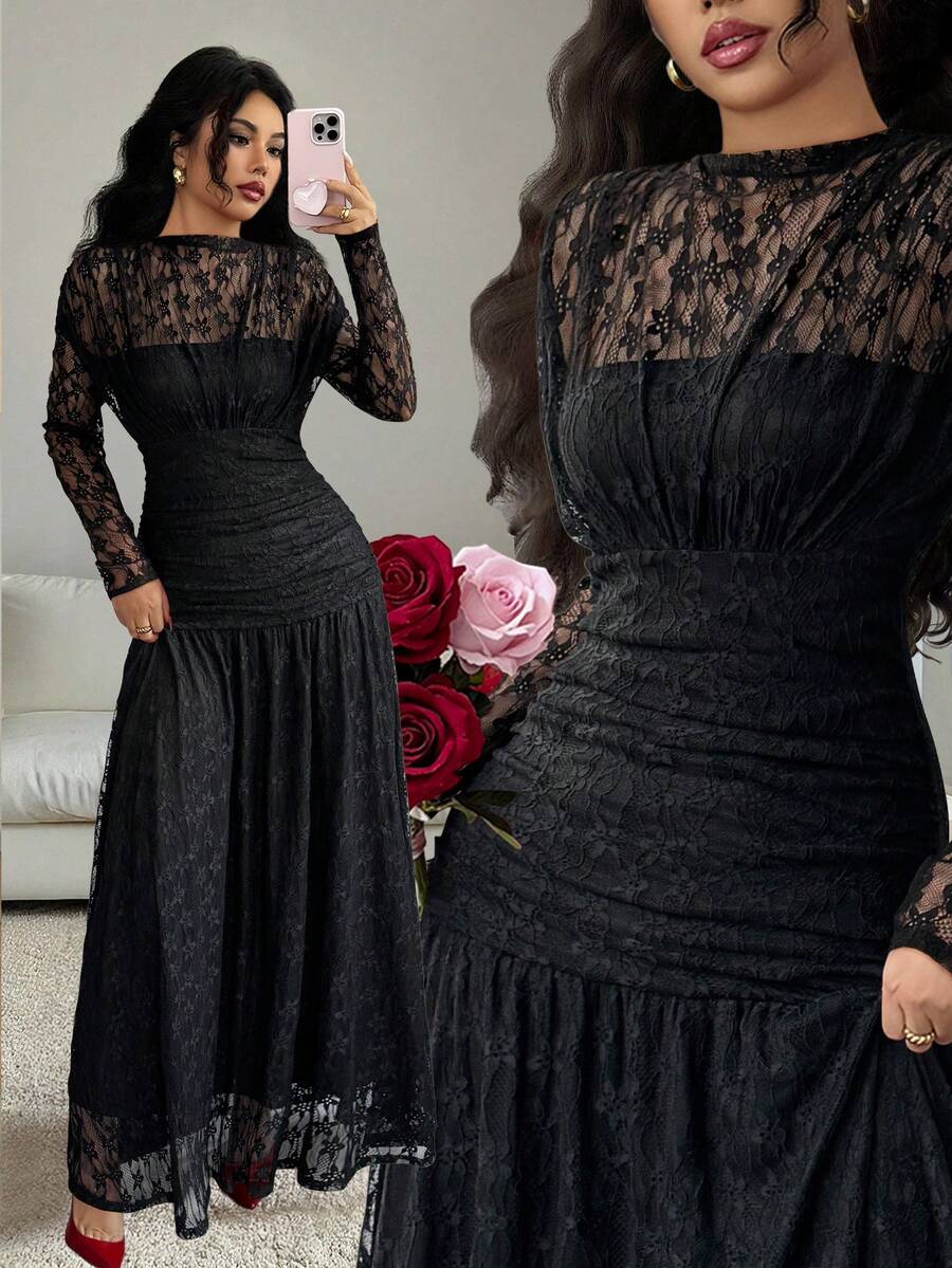 Elenzga Women's Autumn/Winter Lace Ruched Bodycon Dress, Versatile For Outings, Date Nights, Theme Parties, Celebrations - Black - View 1