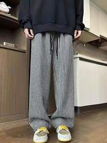 Manfinity Hypemode Men's Simple Striped Drawstring Casual Long Pants, Everyday Wear, Fall - Black and White - View 3