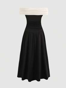 SHEIN Tween Girl Spring/Summer Casual Elegant Commuter Color Block Off-Shoulder Big Bow Decor Fitted Pleated Maxi Knit Solid Dress, Black & Apricot - Black - View 4
