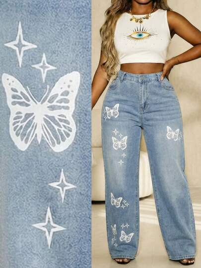Vivid Eden 夏季大码休闲蝴蝶印花纽扣口袋牛仔裤，适合派对、休闲夏季度假穿着，女士牛仔裤