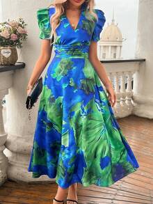 Breezaya 女士夏季V领热带植物印花短泡泡袖长连衣裙套装 - 藍色 - 查看 6