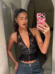 Siren Gaze Nuevo top de verano para mujer con diseño de cintura con remaches y cuello halter - Marrón - Ver 9