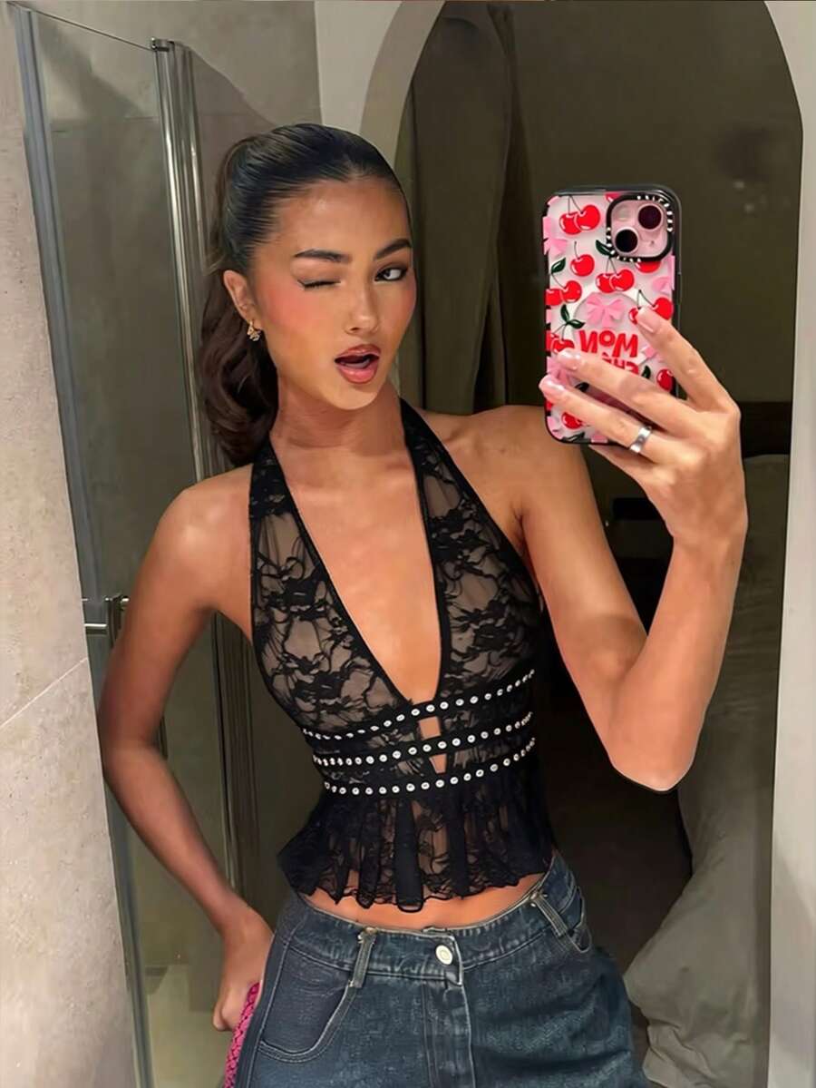 Siren Gaze Áo kiểu cổ yếm thiết kế đinh tán eo mới mùa hè dành cho nữ - màu nâu - Xem 1