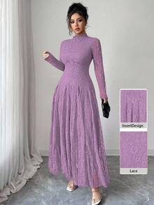 Modelyn Đầm ren cổ cao kiểu Pháp, eo thắt cho nữ - Màu tím - Xem 1