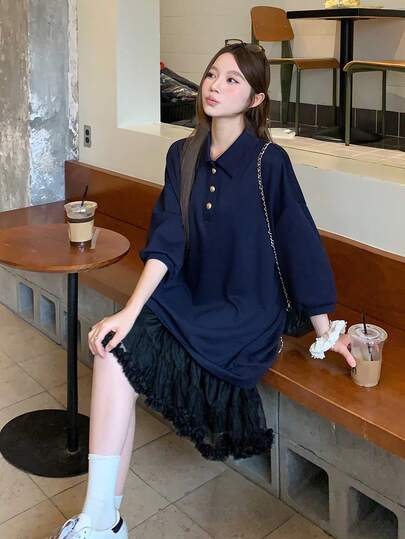 DAZY Robe longue décontractée pour femmes, col cranté, manches courtes, couleur unie