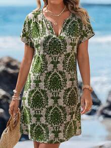 Sylviya 滿版印花缺口領蝙蝠袖洋裝 - 綠色 - 查看 6