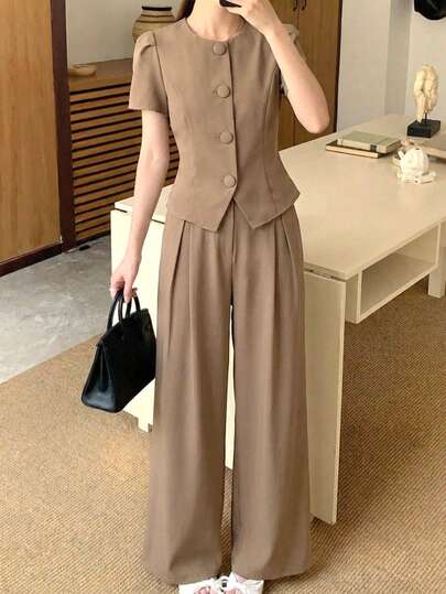 SHEIN 少女咖啡棕色修身纽扣装饰短袖上衣和阔腿裤两件套，优雅百搭，适合通勤，春夏皆宜