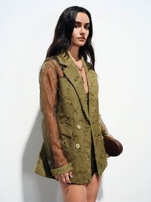 Aveloria Modichic 百搭优雅通勤风欧根纱拼接特殊流苏面料透视双排扣女士西装外套 - 綠色 - 查看 3